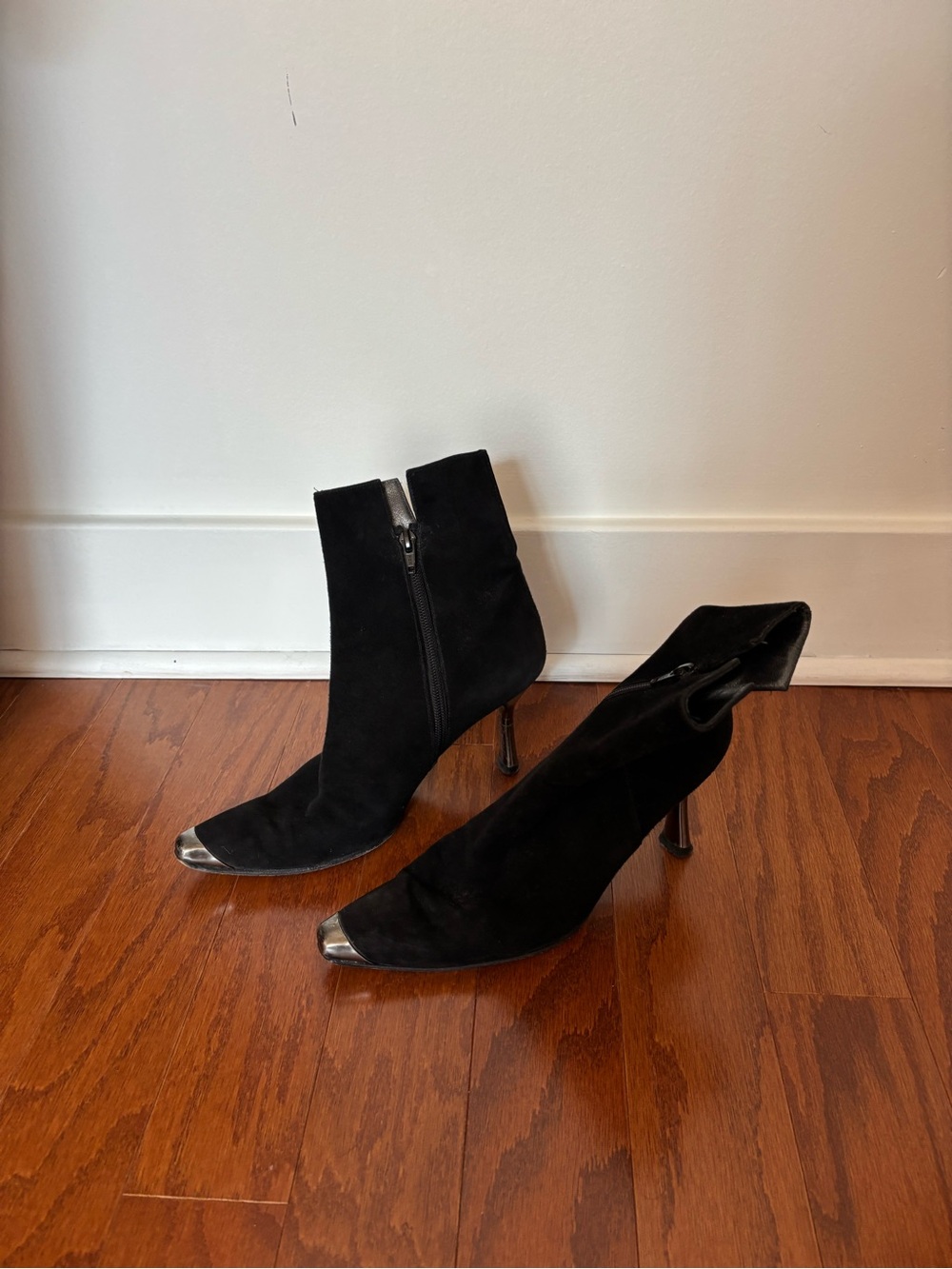 Stuart Weitzman Black Suede Pointed Toe Ankle Boots with Silver Metallic Cap